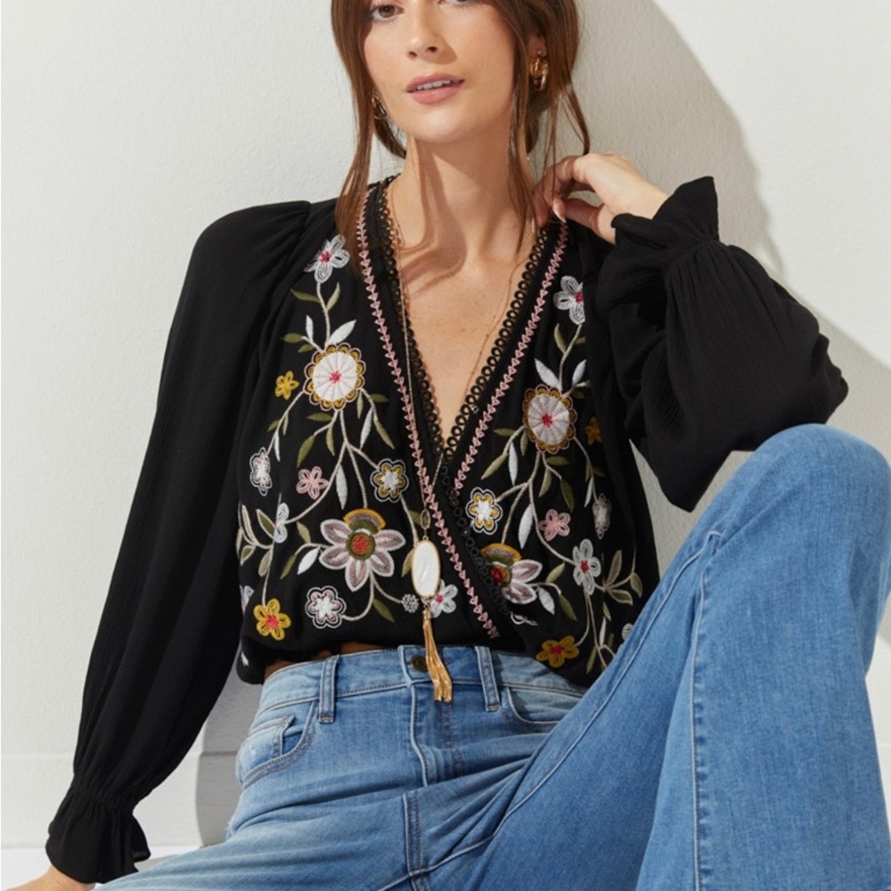 Floral Embroidered Black Blouse